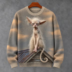 Men's Retro Cat Print Crew Neck Cozy Knit Sweater