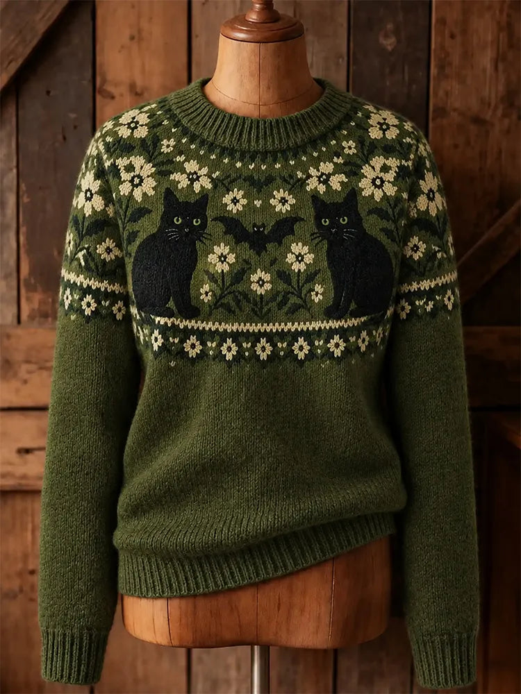 Women's Retro Black Cat Flowers Pattern Cozy Fair Isle Style Knit Sweater
