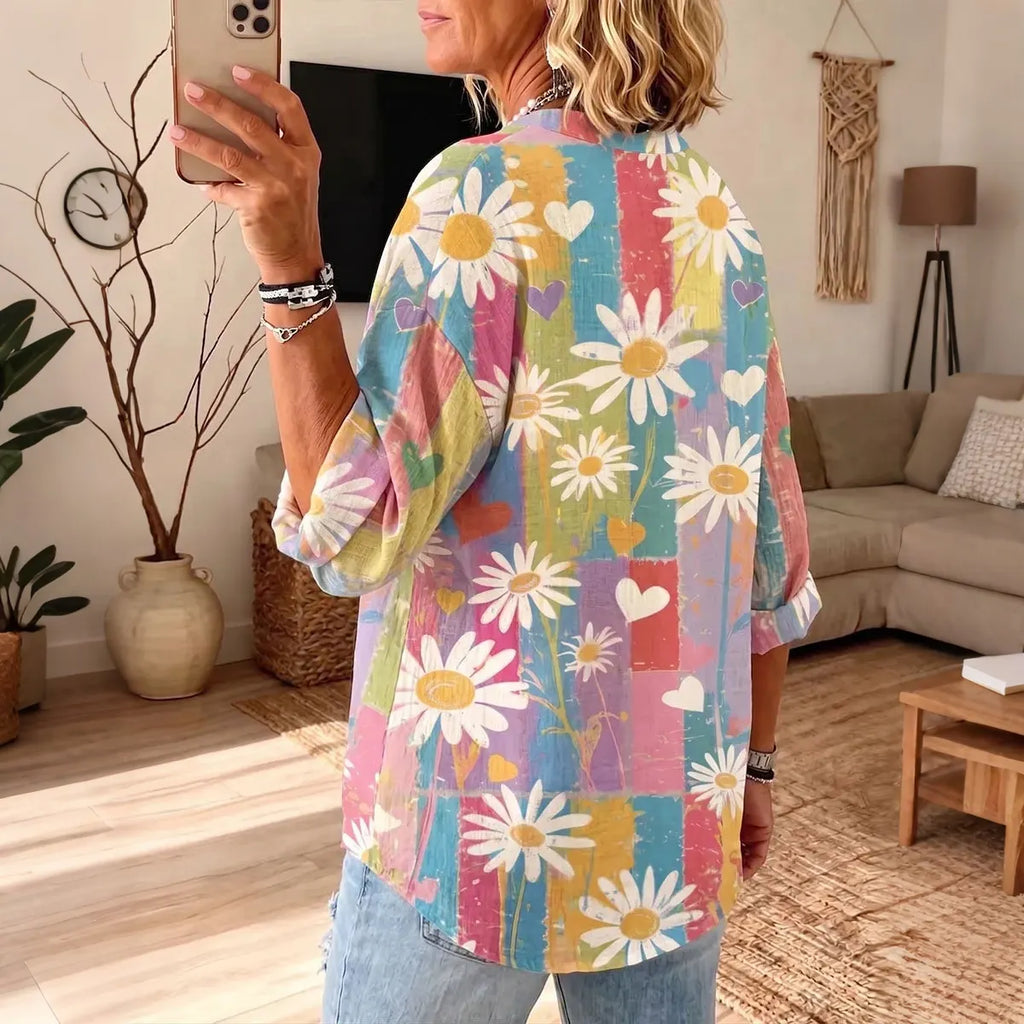 Women's Vintage Daisy Art Print Long Sleeve Shirt