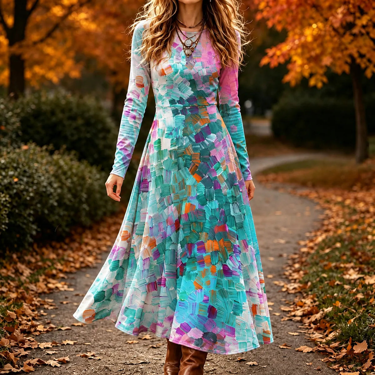 Women's Retro Abstract Geometric Print Crew Neck Long Sleeve Maxi Dress