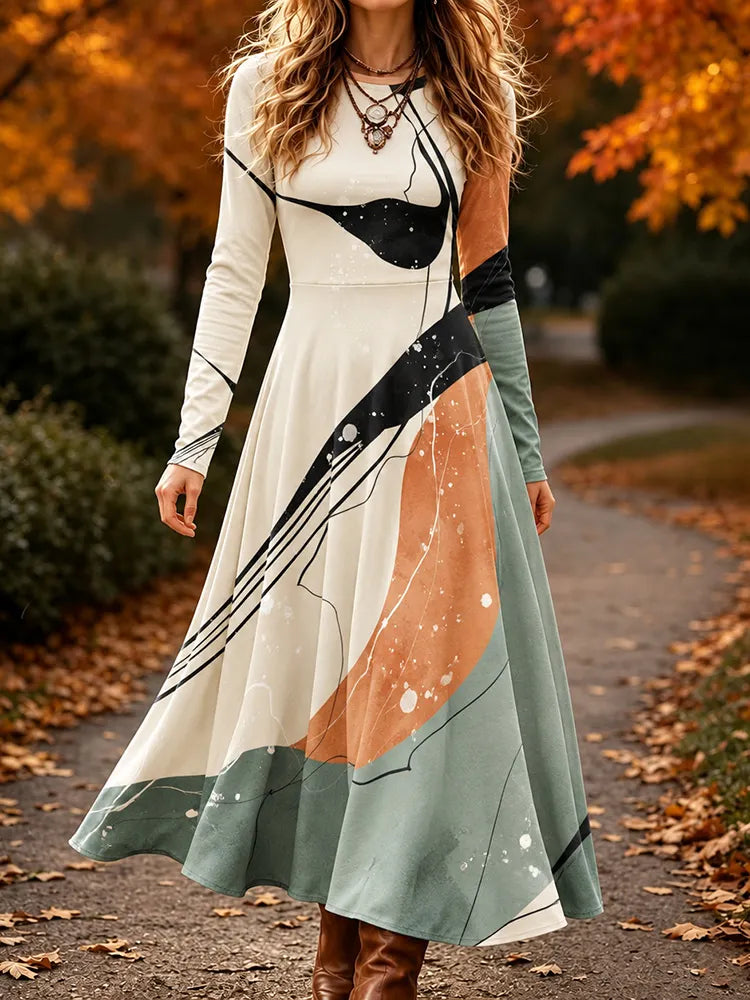 Women's Retro Geometric Art Print Long Sleeve Casual Maxi Dress