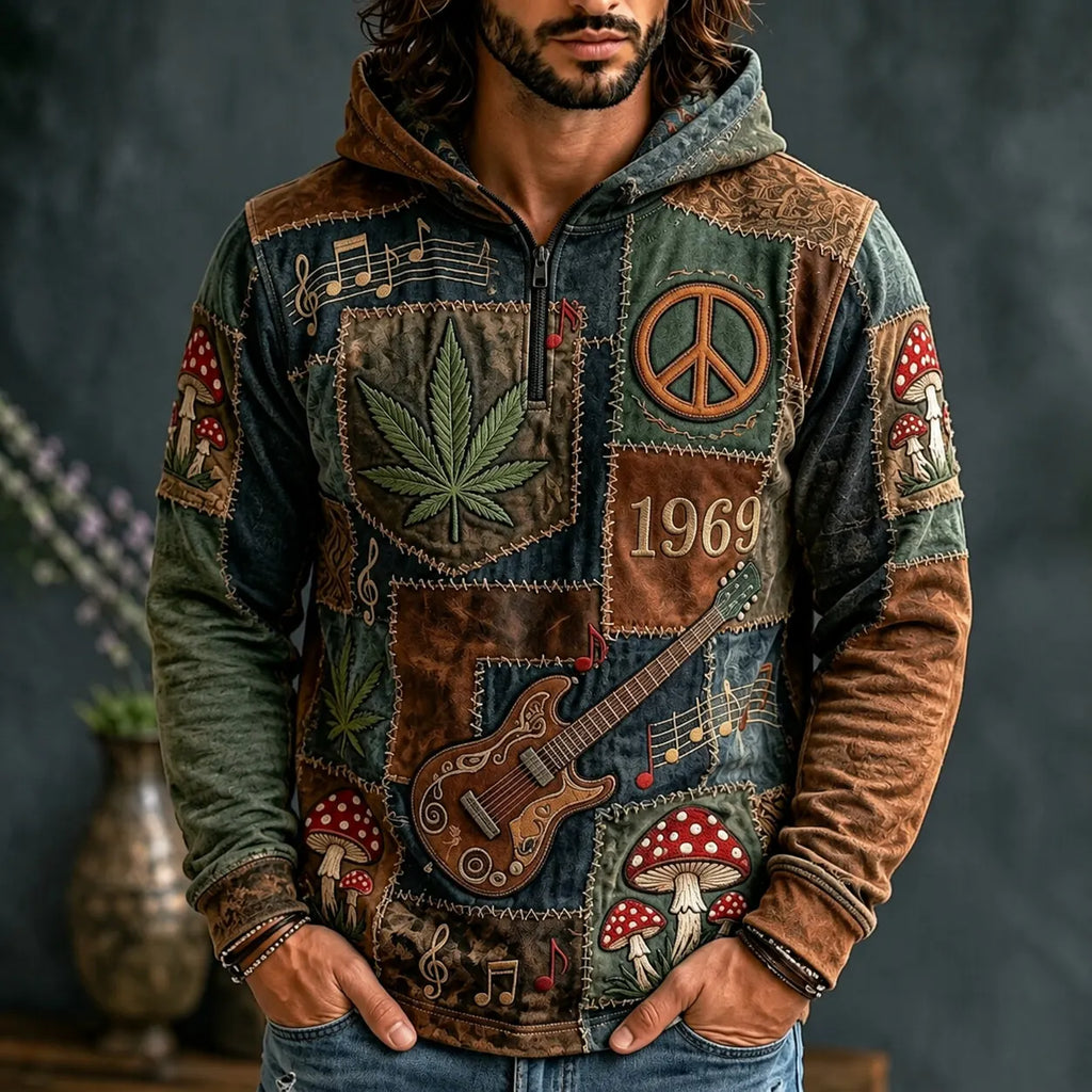 Men's Guitar Mushroom Peace 1969 Number Print Zipper Hoodies