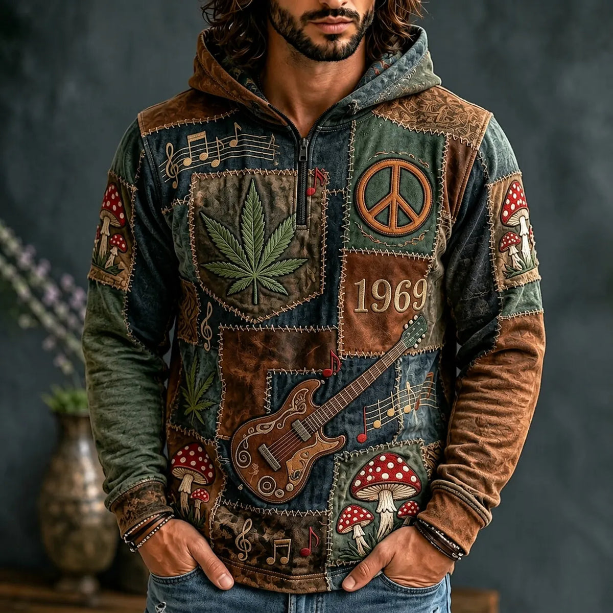 Men's Guitar Mushroom Peace 1969 Number Print Zipper Hoodies