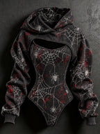 Women's Halloween Spiderweb Print Hoodie Two Piece Set