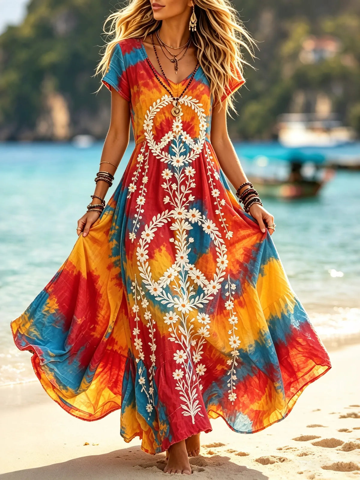 Women's Retro Beach Vacation Tie-dye Hippie Floral Design Short-sleeve V-neck Linen Maxi Dress