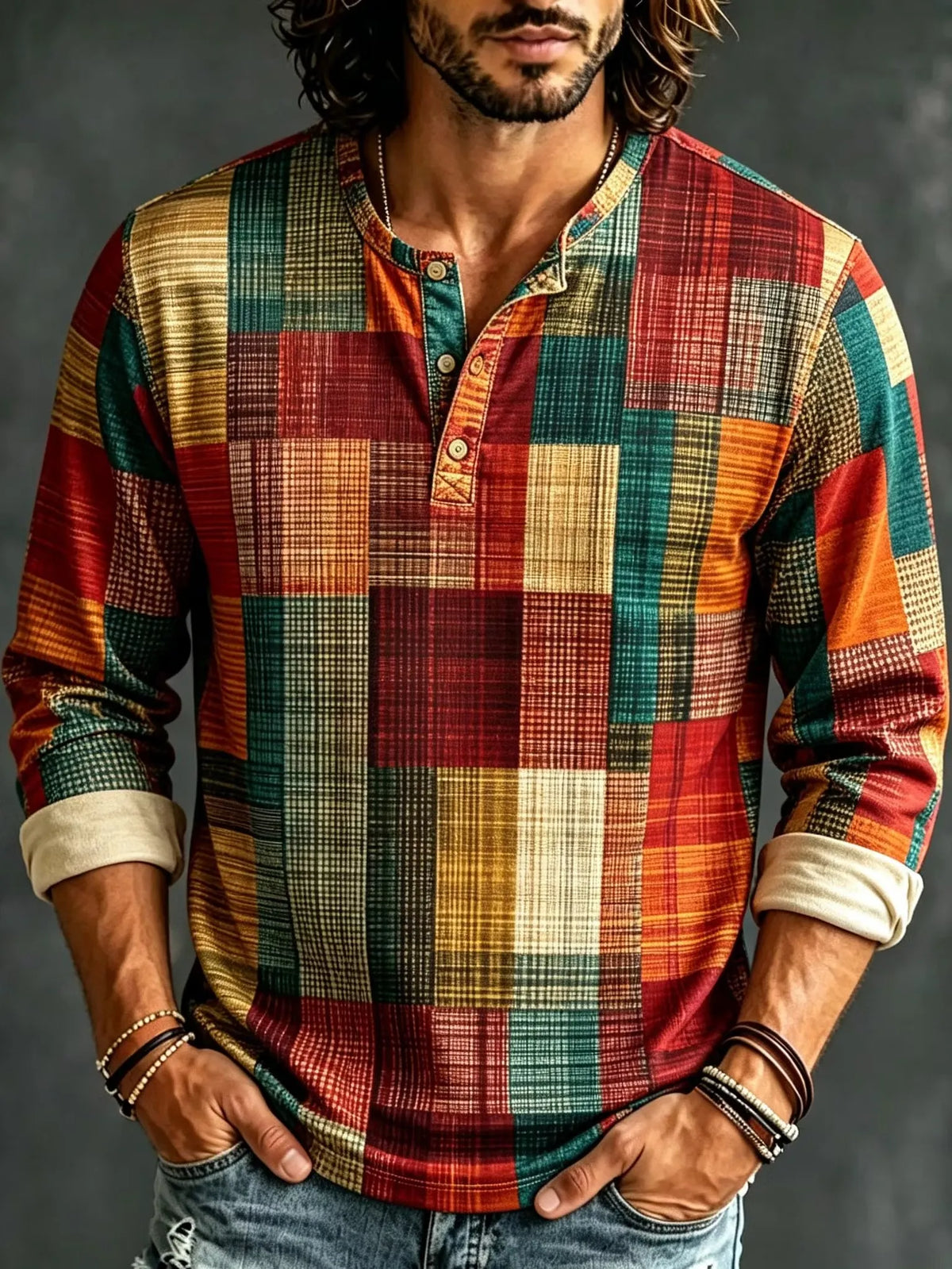 Men's Patchwork Plaid Blocks Print Henry Collar Long Sleeve T-Shirt