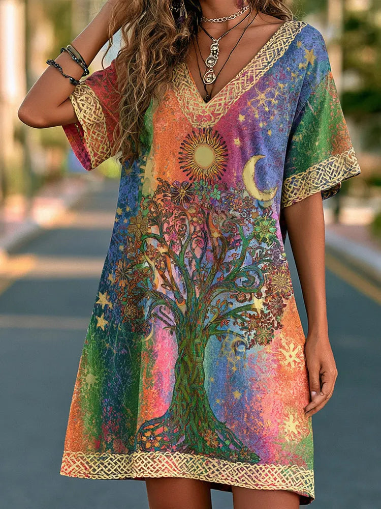 Women's Hippie Plant And Sun Moon Star Art Tie-dye Linen V-neck Dress