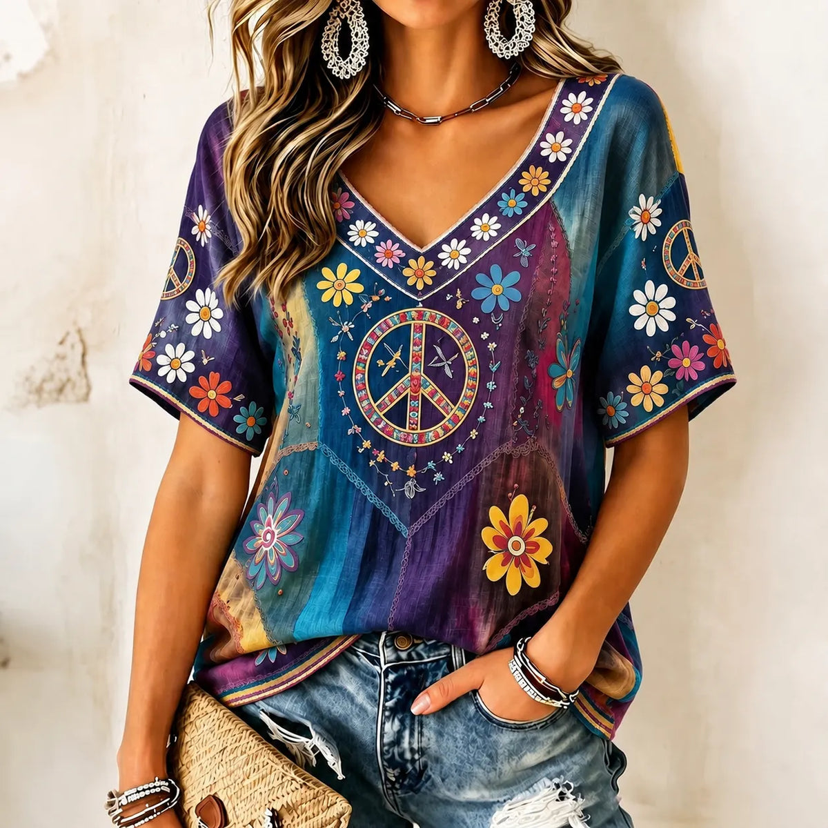 Women's Hippie Floral Peace Sign Contrast Patchwork Print Short Sleeves Linen T-shirt