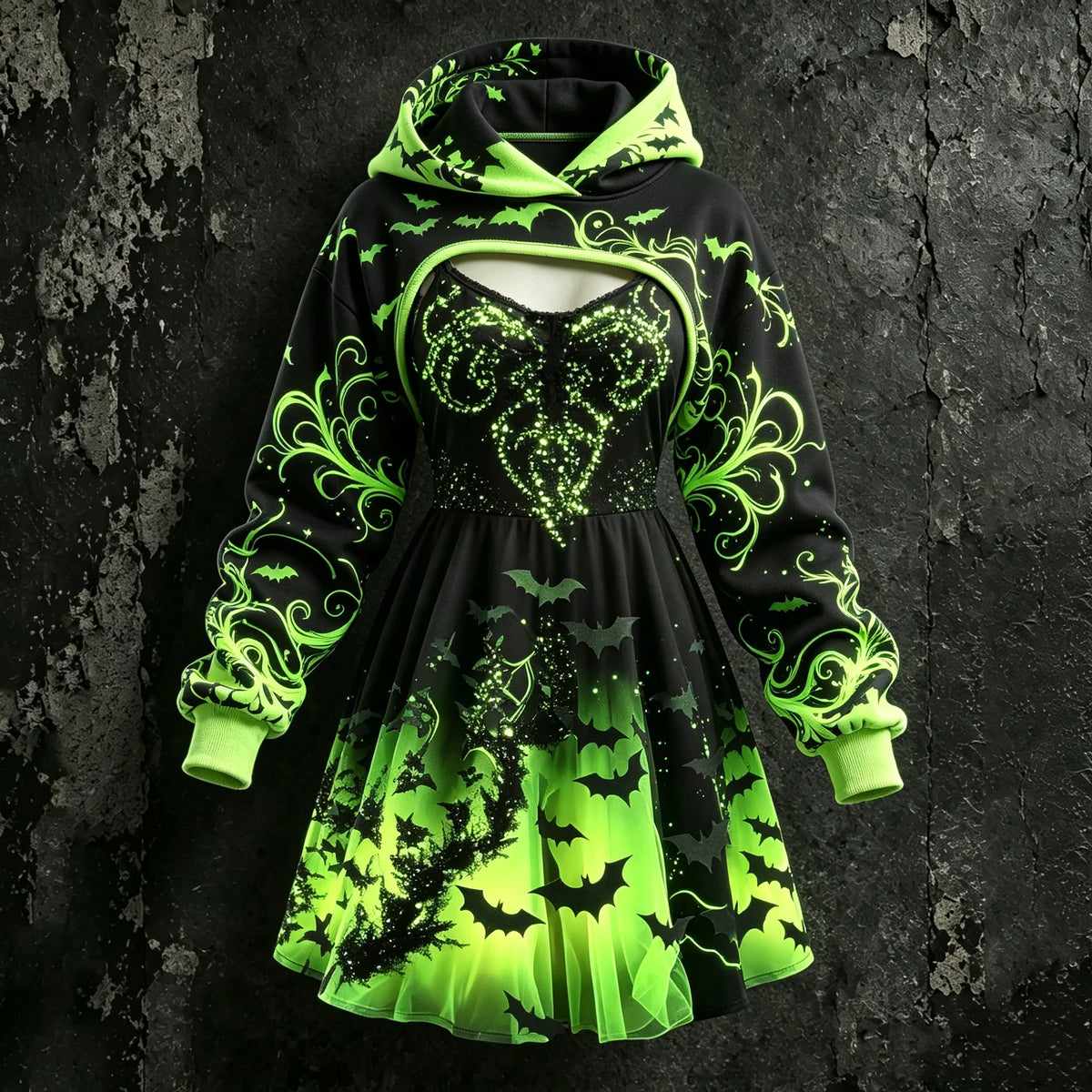 Women's Retro Halloween Flame Bat Floral Print Hoodie Suspender Dress Two-piece Set