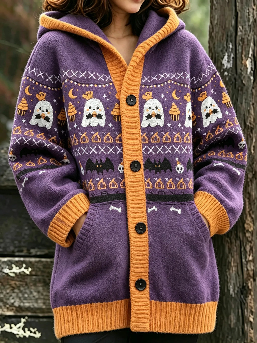 Women's Halloween Ghost Bat Print Hooded Cardigan Sweater