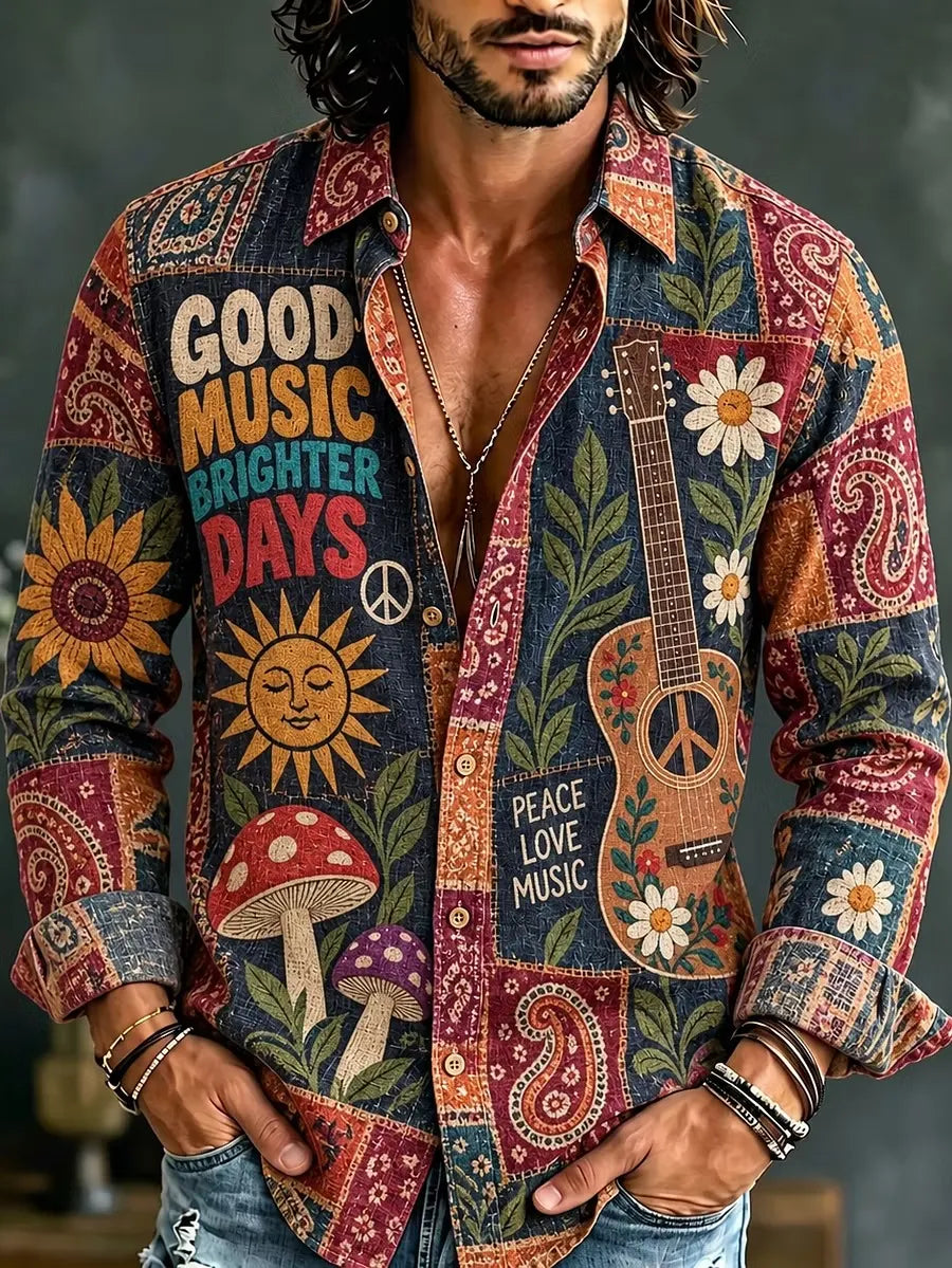 Men's Good Music Brighter Days Rock Guitar Paisley Print Long Sleeve Shirt