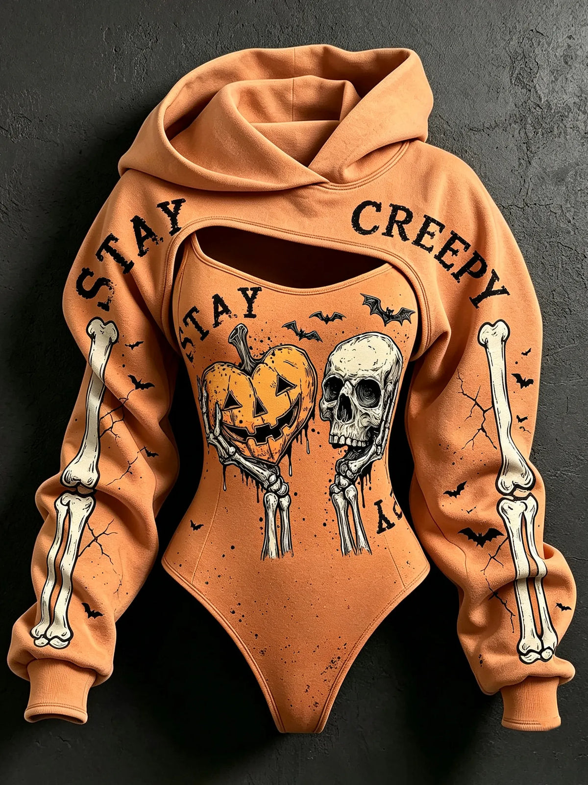 Women's Retro Halloween Skull Pumpkin Stay Creepy Print Sweatshirt Two-piece Set