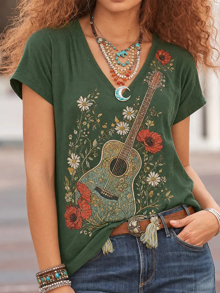 Women's Vintage Guitar Print Graphic Top