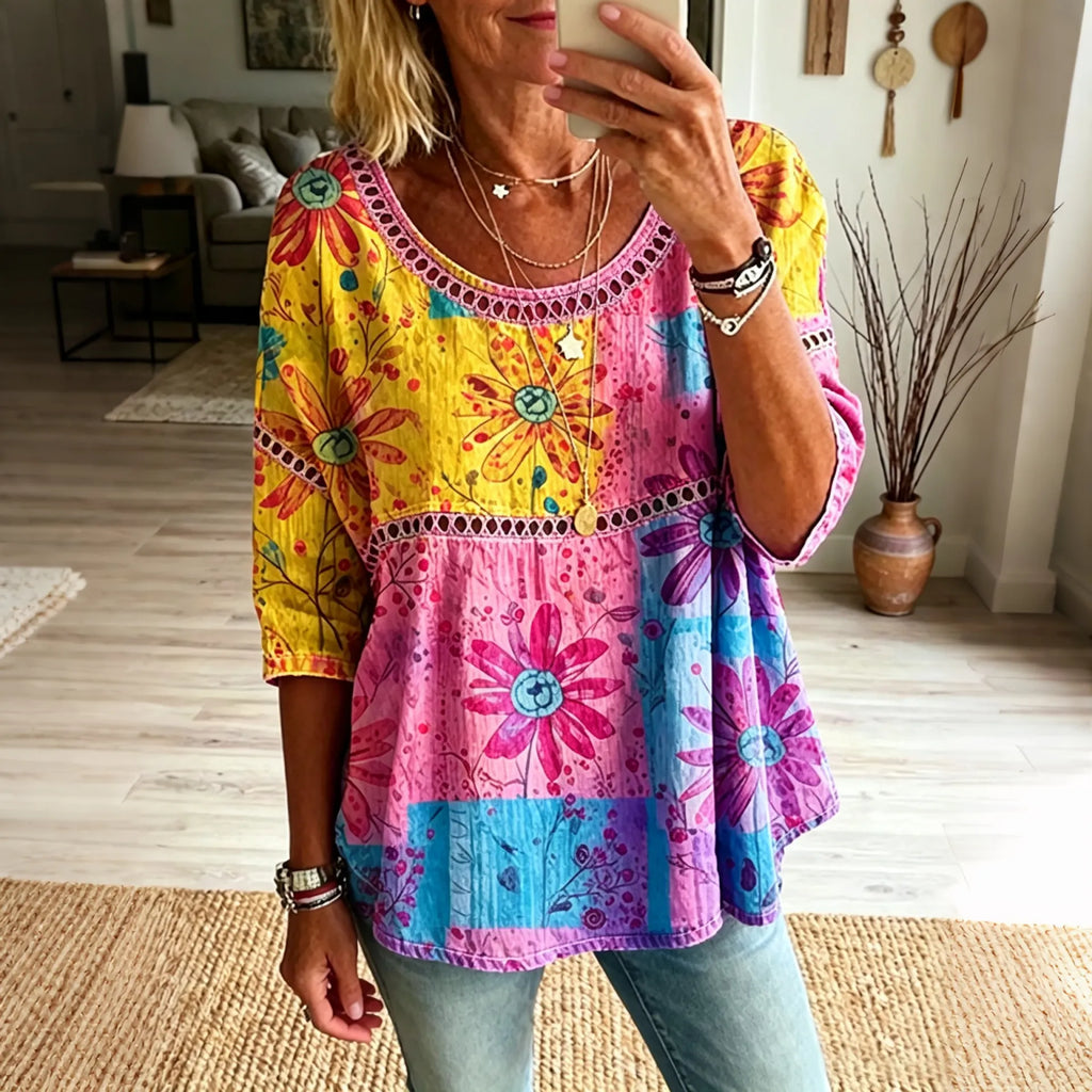 Women's Vintage Floral Hippie Vibes Art Print Flowy Linen Blend  Linen Tops