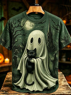 Men's Retro Halloween Ghost And Cat Print T-shirt