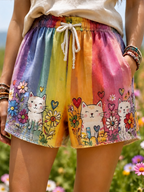 Women's Rainbow Striped Casual Shorts, Decorated With Cute Cat And Floral Patterns.