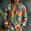 Men's Smiling Sun Floral Peace Sign Print Long Sleeve Shirt