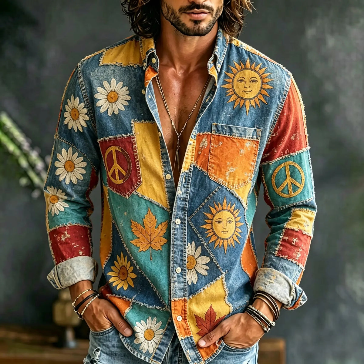 Men's Smiling Sun Floral Peace Sign Print Long Sleeve Shirt