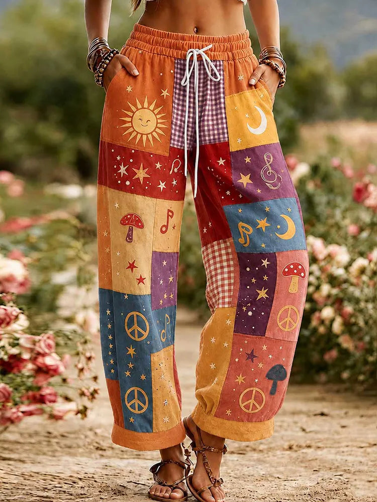 Women's Hippie Sun Moon Stars And Peace Symbol Embroidered Patchwork Linen Casual Pants
