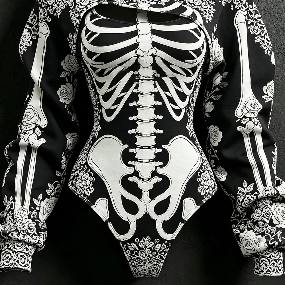 Women's Retro Bone-style Rose Floral Print Hoodie Two-piece Set