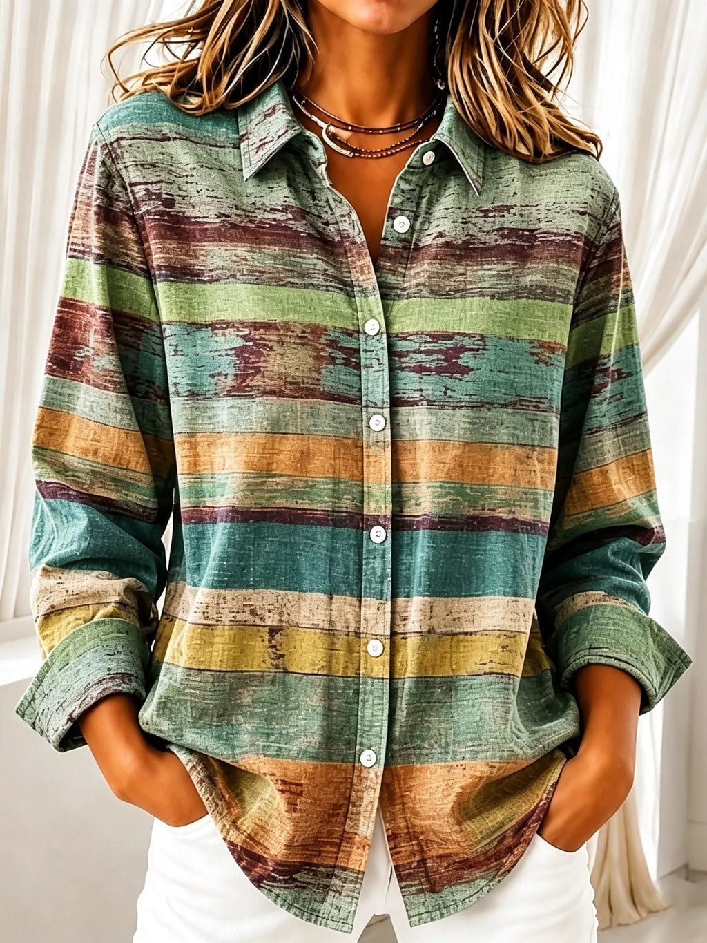 Women's Retro Abstract Striped Print Casual Long-sleeve Shirt