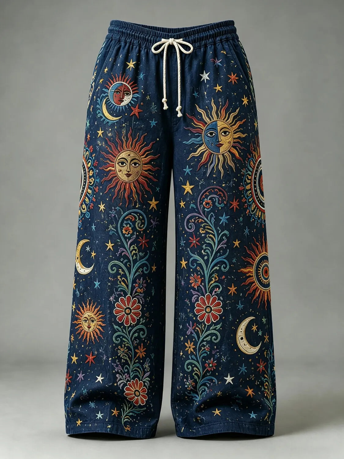 Men's Hippie Celestial Sun‐Face Moon‐Face Star Mandala Bohemian Floral Print Pants