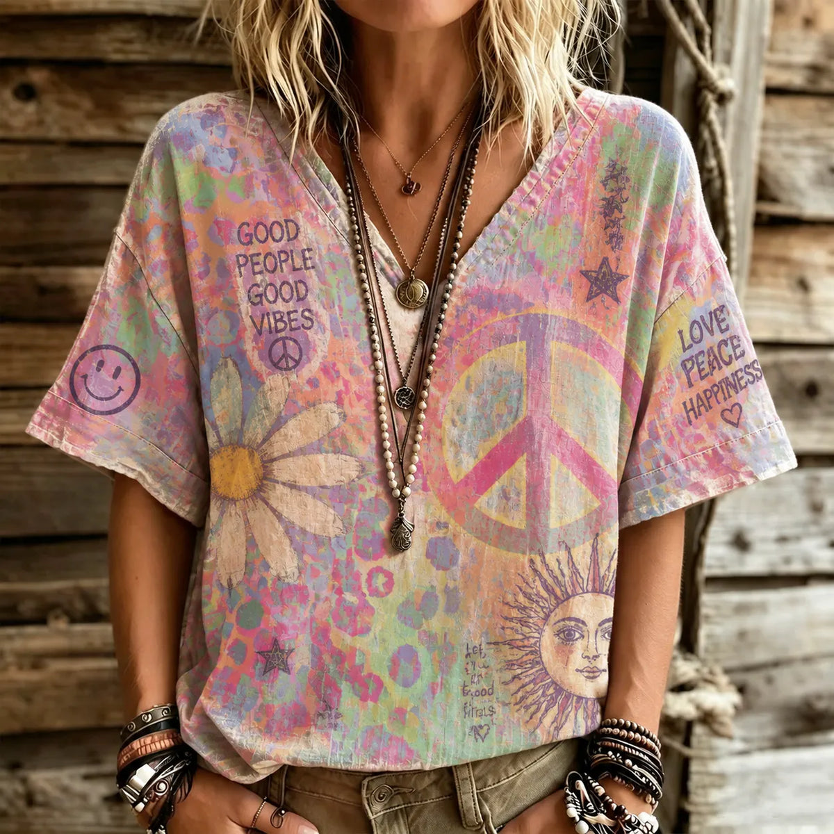 Retro-chic Y2k Hippie Peace Symbol Daisy And Sun Pattern V-neck Women's T-shirt