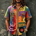 Men's Colorful Calavera Music Note Print Short Sleeve Buttons Shirt
