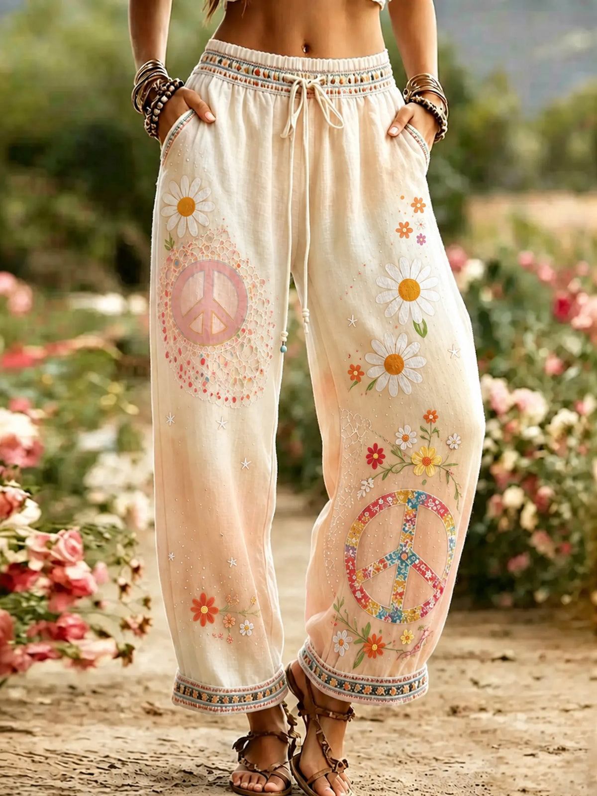 Women's Hippie Vintage Hippie Floral Art Linen Casual Pants