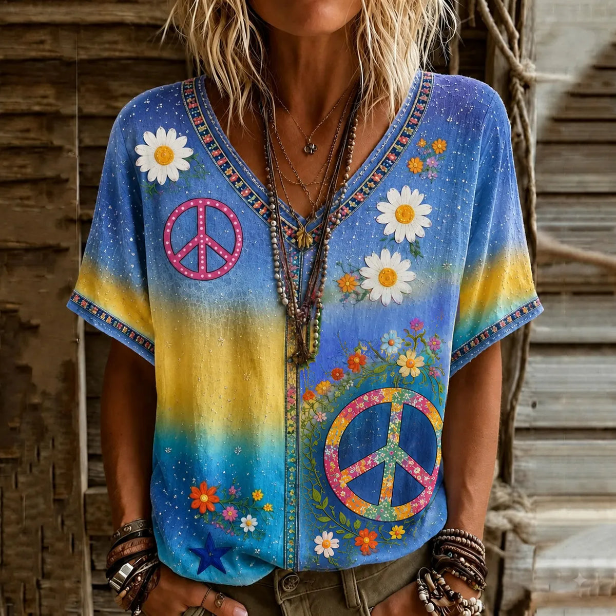 Women's Vintage Hippie Floral Patchwork Art Linen Blend Short Sleeve Tops
