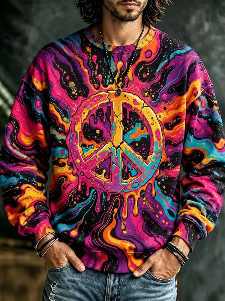 Men's Fluid Art Peace Sign Print Crew Neck Sweatshirt