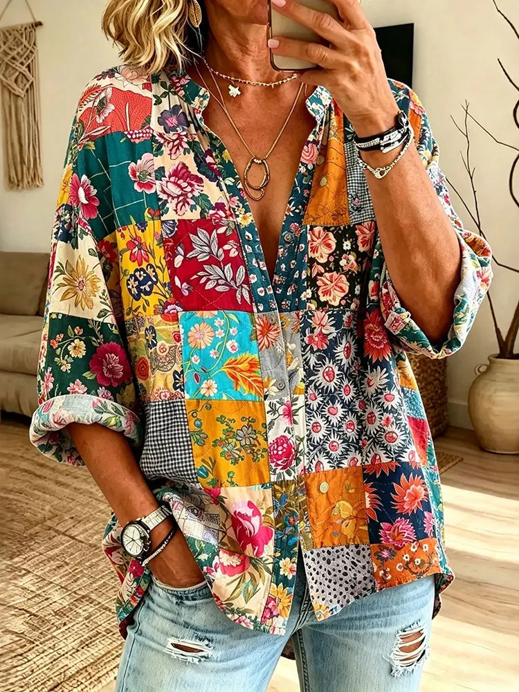 Women's Vintage Floral Patchwork Print Long Sleeve Shirt