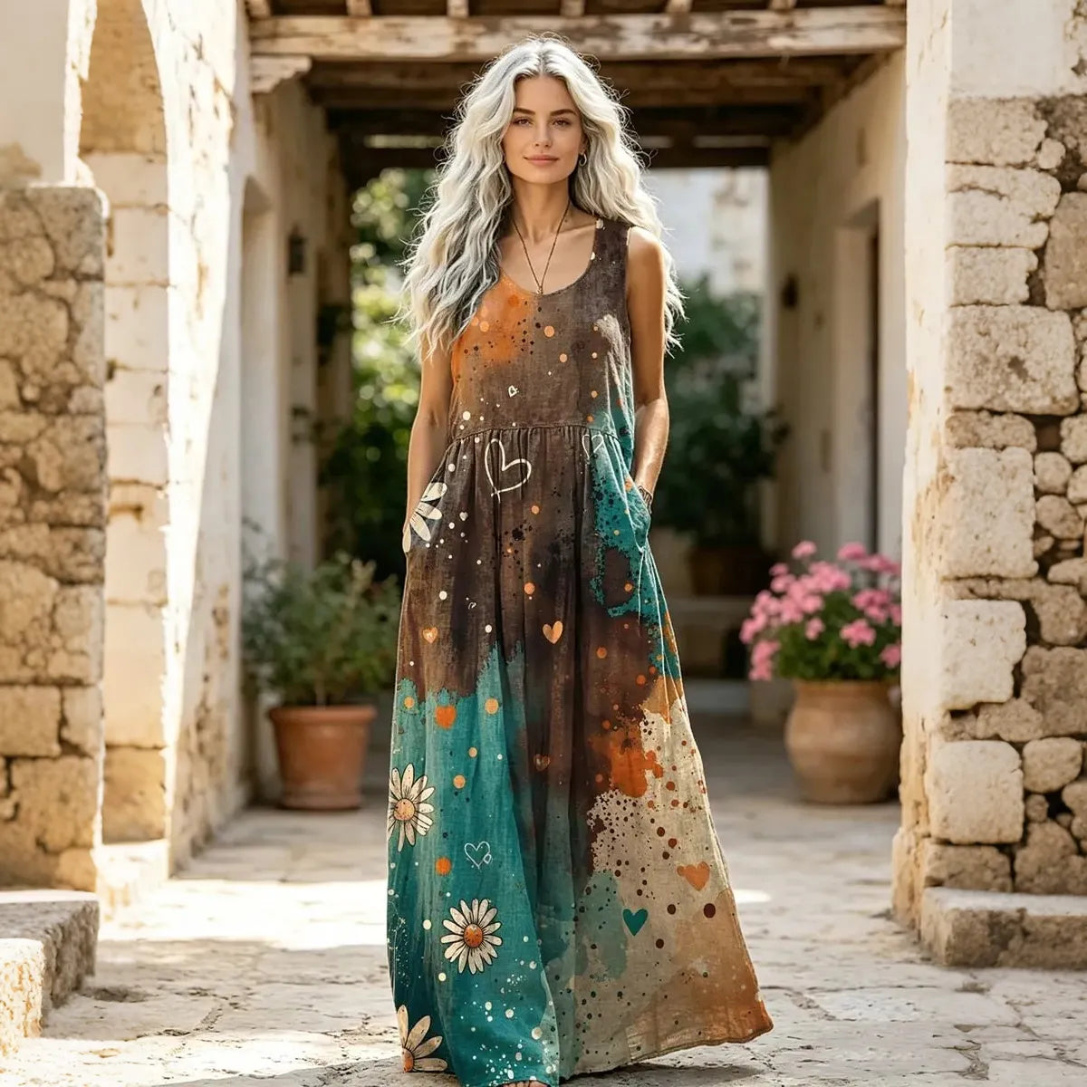 Women's Tie-dye Heart And Daisy Print Round Neck Dress