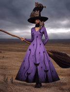 Women's Gothic Halloween Print V Neck Long Sleeve Maxi Dress – Halloween Costume