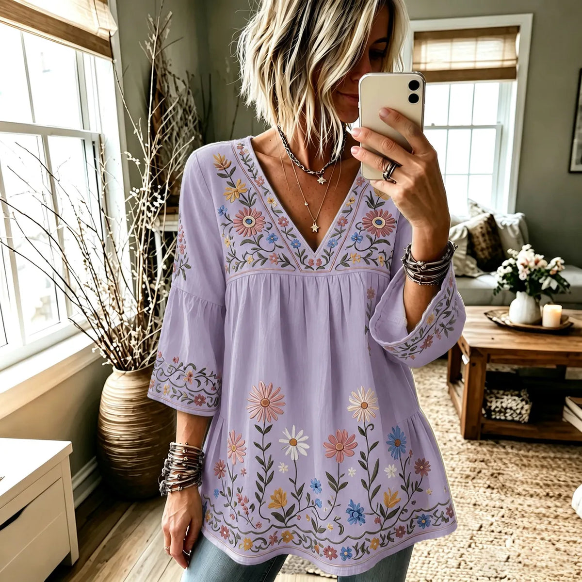 Women's Retro Hippie Floral And Dragonfly Art Flowy Linen Blend Three Quarter Sleeves T-shirt