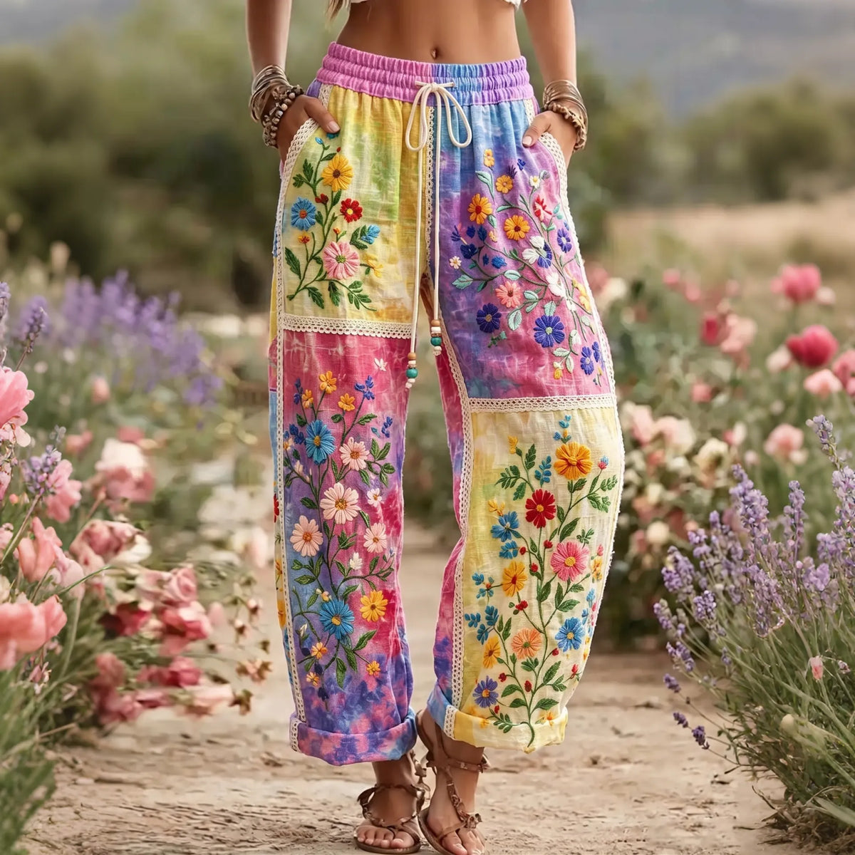 Women's Vintage Floral Art Linen Casual Pants