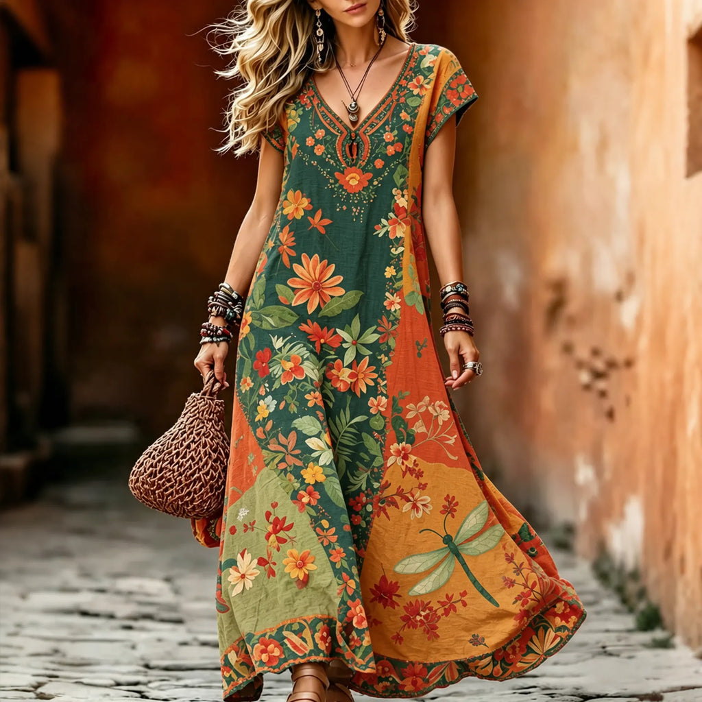 Women's Vintage Hippie Floral And Dragonfly In Patchwork Pattern Art Printed Linen Blend Maxi Dress