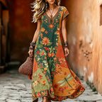 Women's Vintage Hippie Floral And Dragonfly In Patchwork Pattern Art Printed Linen Blend Maxi Dress
