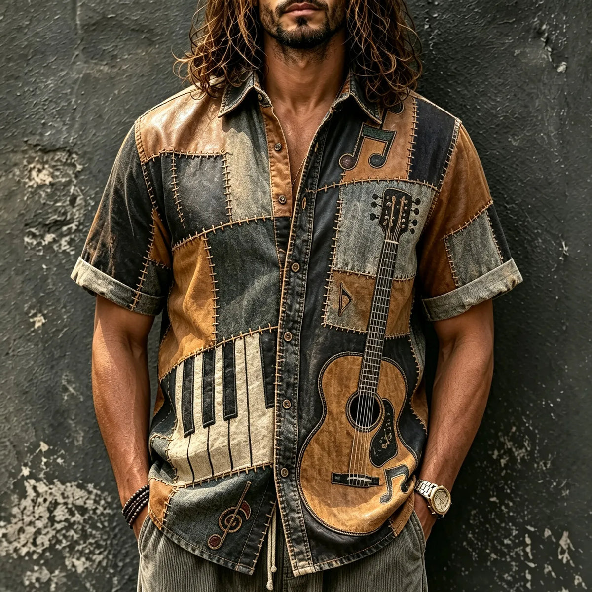 Men's Piano Guitar Patchwork Music Print Short Sleeve Buttons Shirt