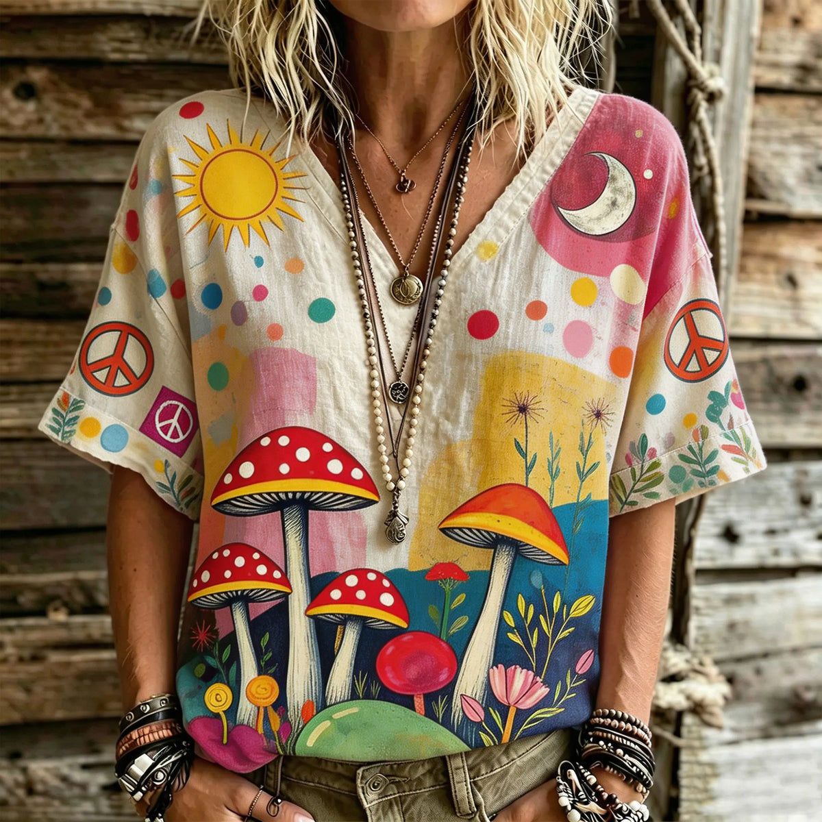 Women's Retro Hippie Style Psychedelic Mushroom, Sun, Moon And Peace Logo Print Loose Linen Casual T-shirt