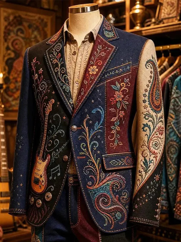 Men's Hippie Vintage Electric Guitar With Floating Music Notes Print Blazer