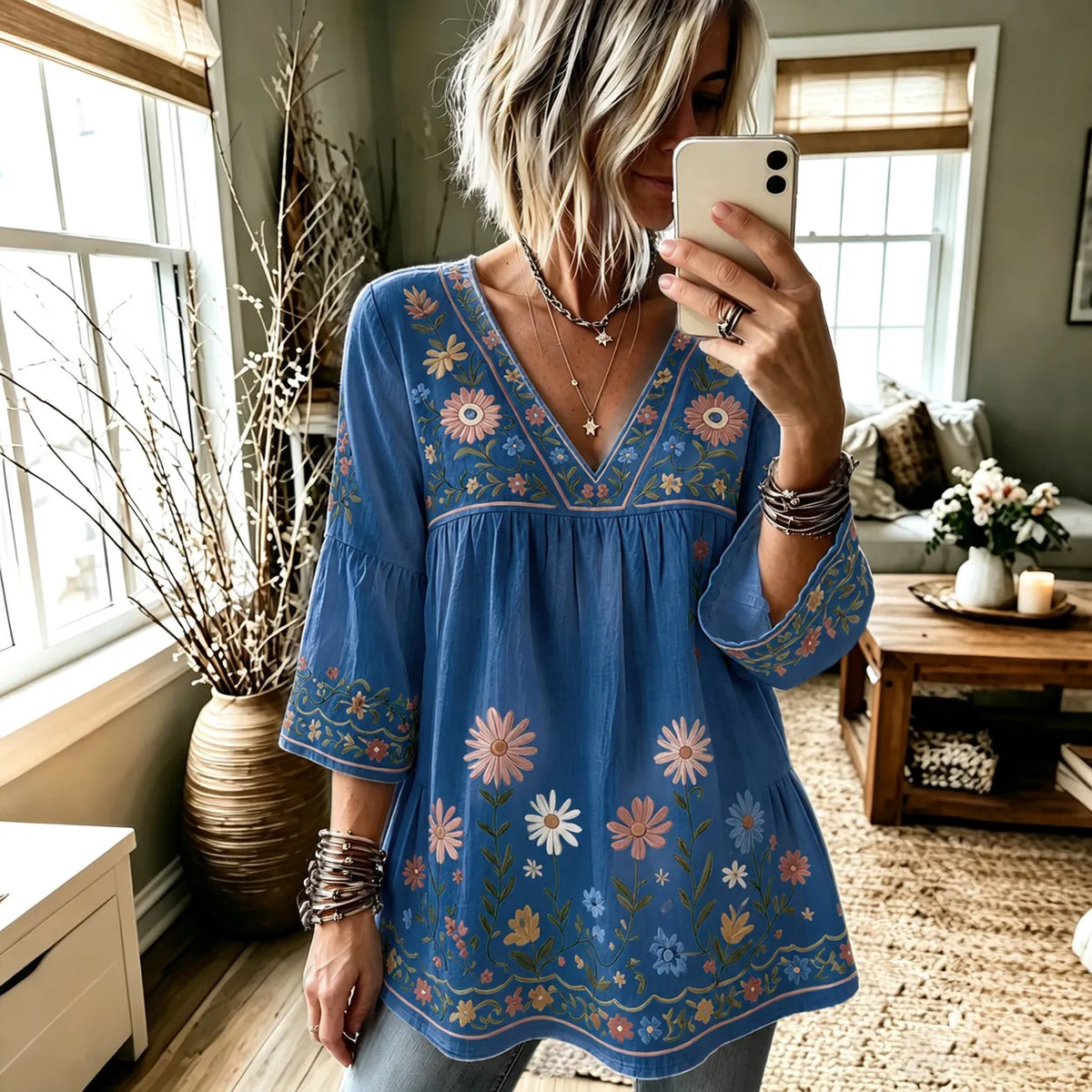 Women's Retro Hippie Floral And Dragonfly Art Flowy Linen Blend Three Quarter Sleeves T-shirt