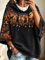 Women's Vintage Halloween Black Cat And Pumpkin Art Print Half Sleeve Casual Hoodie