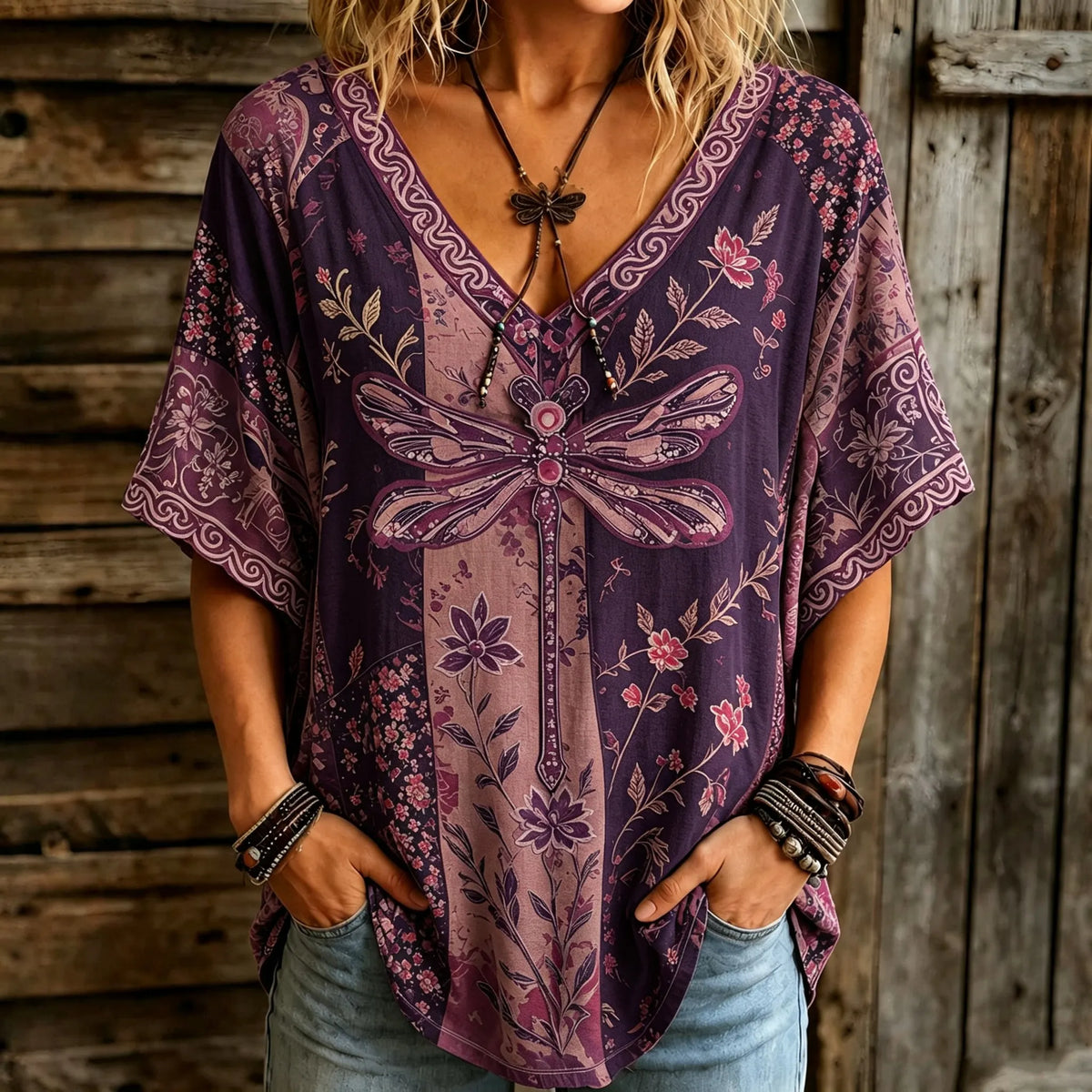 Women's Retro Bohemian Hippie Style Dragonfly And Floral Embroidered V-neck Top