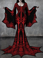 Women's Gothic Skeleton With Red Roses Batwing Flare Sleeve Round Neck Bodycon Maxi Dress – Halloween Costume
