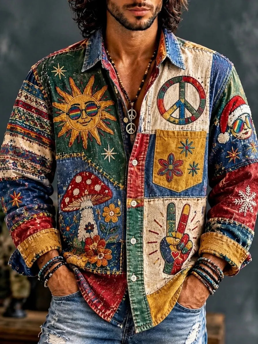 Men's Hippie Diverse Elements Art Print Long Sleeve Pocket Shirt