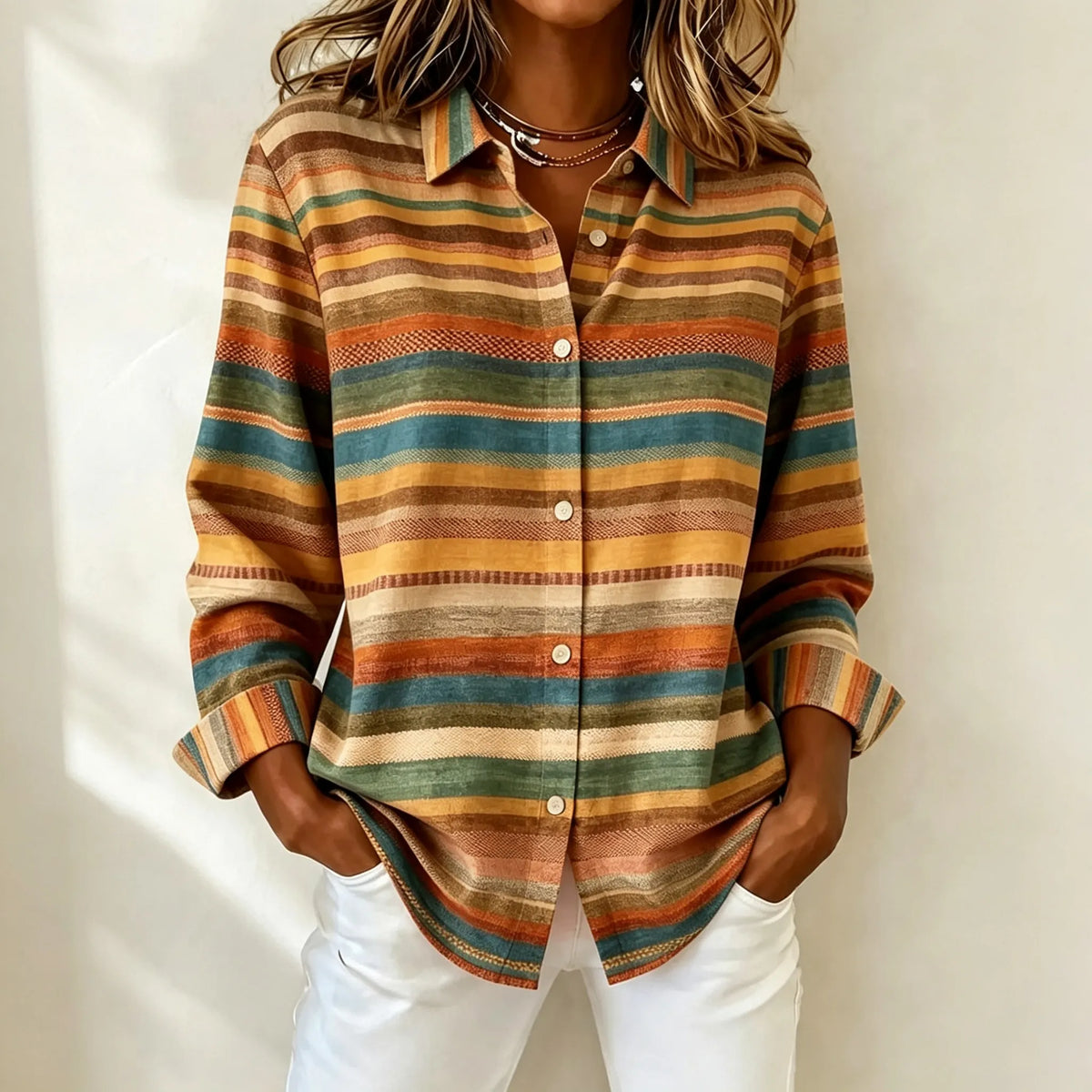 Women's Vintage Colorful Striped Print Casual Long-sleeved Shirt