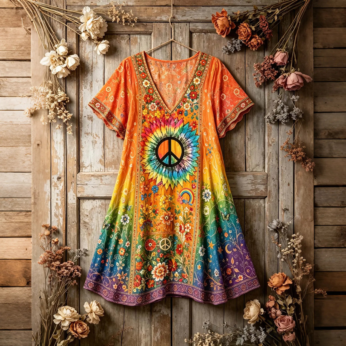 Women's Hippie Peace And Floral Printed Short Sleeve Dress