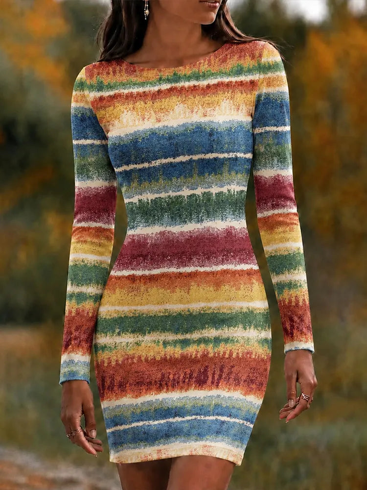 Women's Vintage Colorful Geometric Stripe Art Print Slim Fit Crew Neck Dress