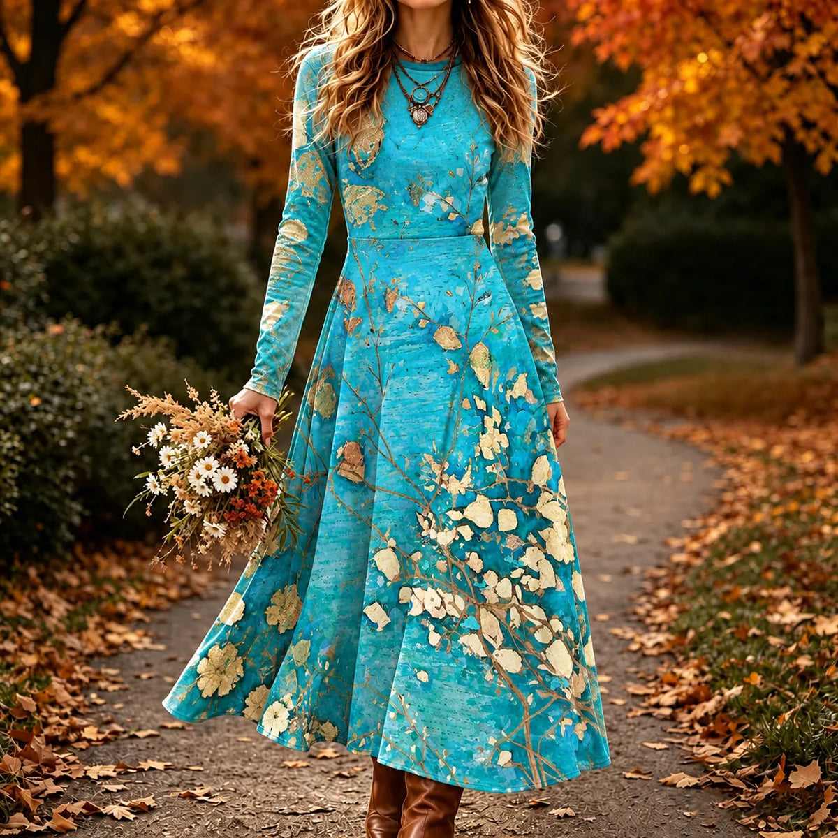 Women's Vintage Floral Print Long Sleeve Maxi Dress